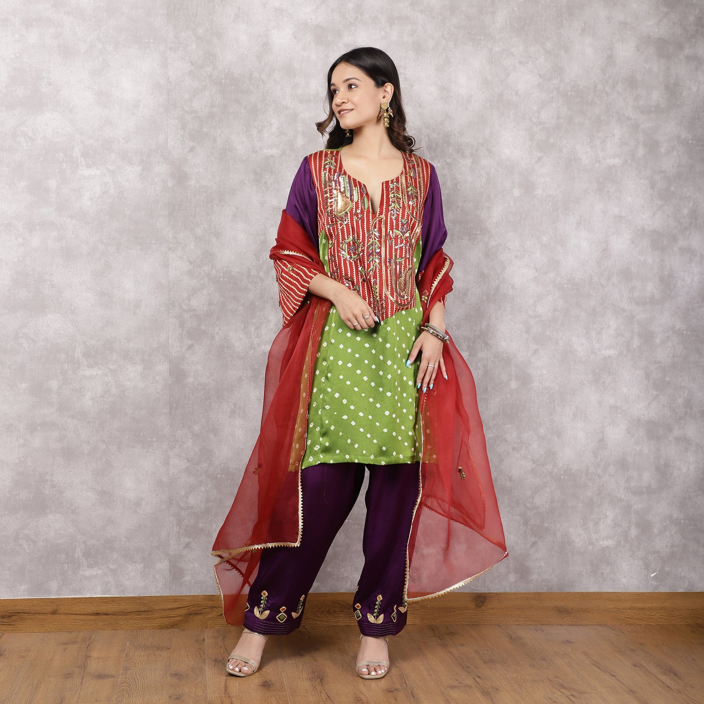 Multicolor Bandhani and Ajrakh Hand Embroidered Suit Set with Dupatta