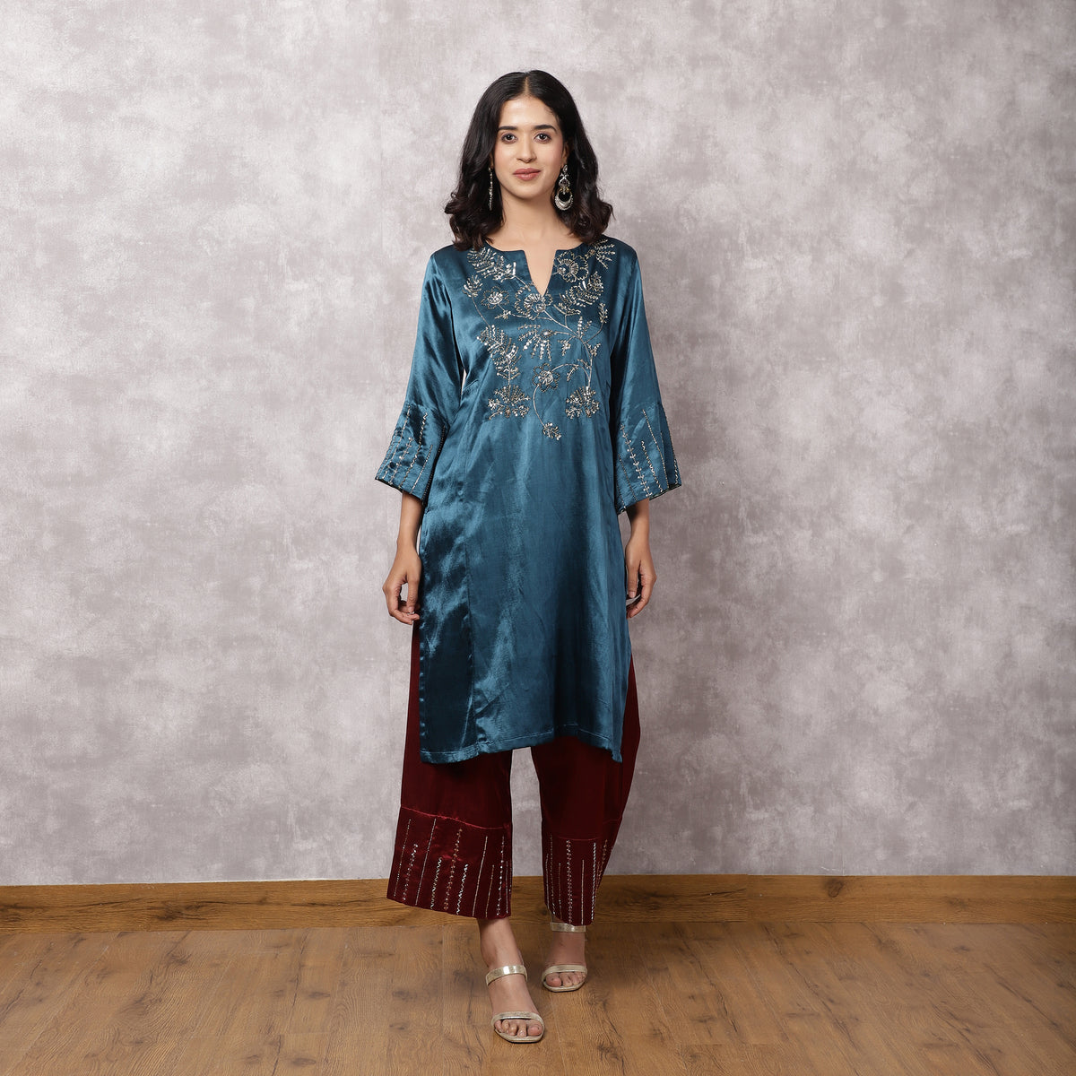 Teal Mashru Hand Embroidered Kurta Set with Dupatta