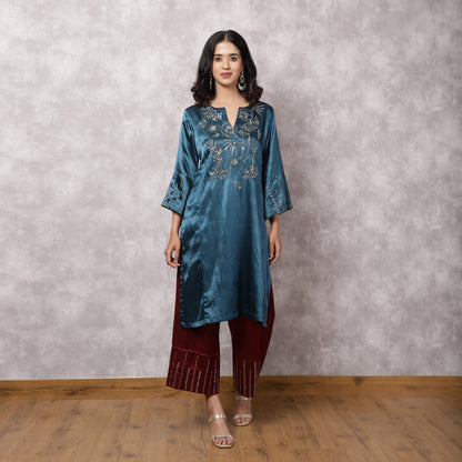 Teal Mashru Hand Embroidered Kurta Set