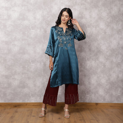 Teal Mashru Hand Embroidered Kurta Set with Dupatta