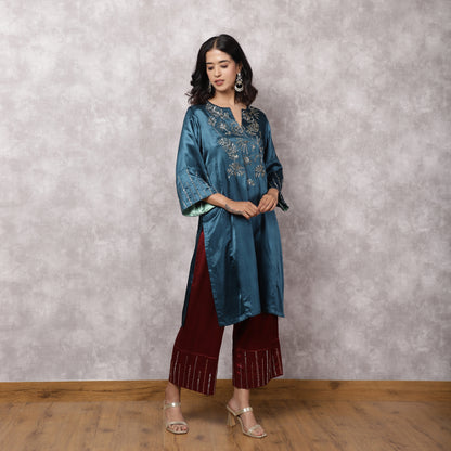 Teal Mashru Hand Embroidered Kurta Set