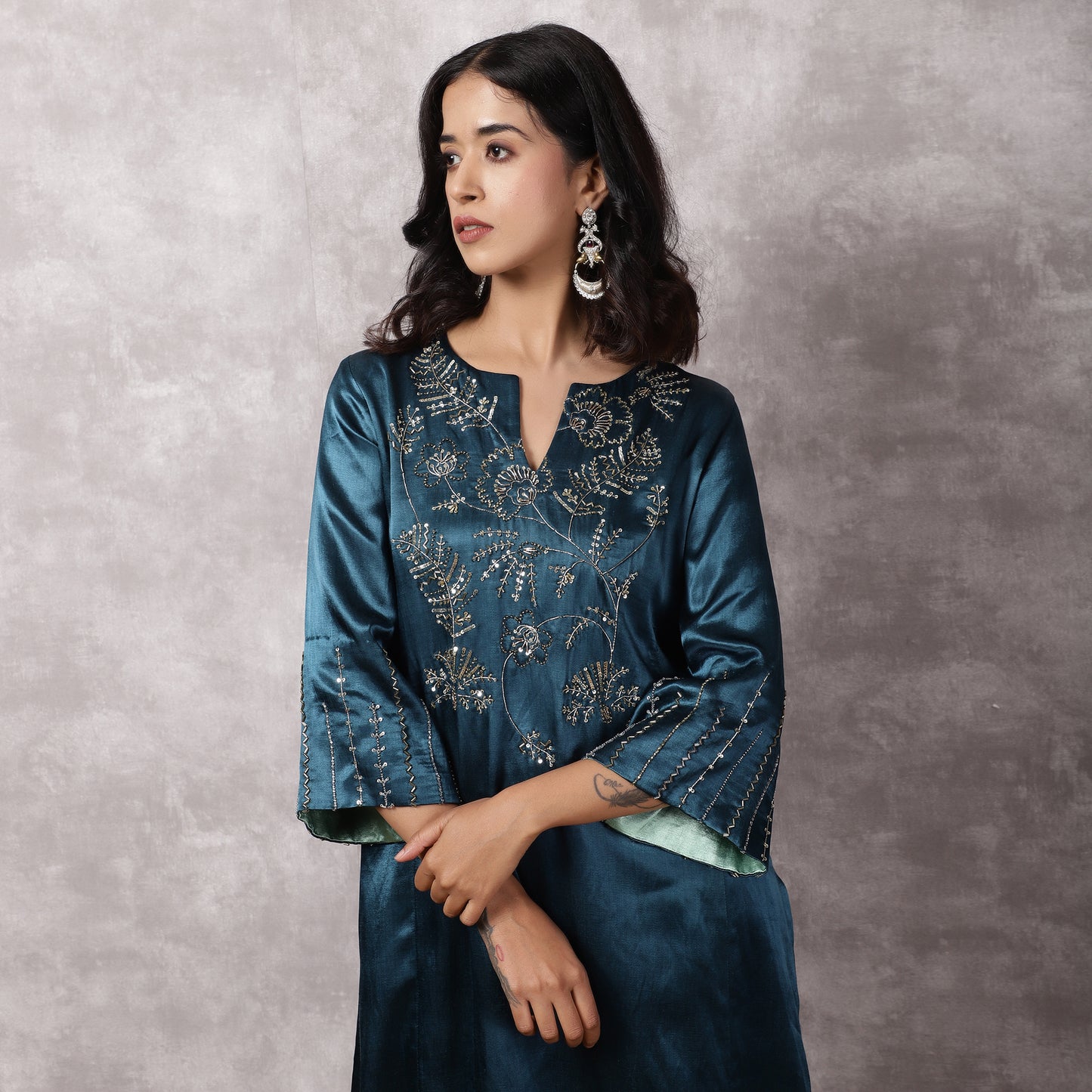 Teal Mashru Hand Embroidered Kurta Set with Dupatta