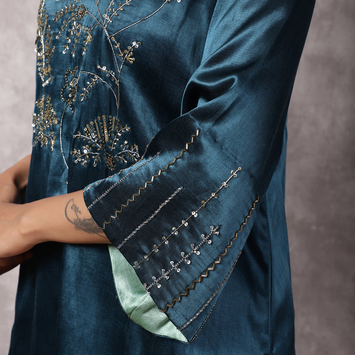 Teal Mashru Hand Embroidered Kurta Set