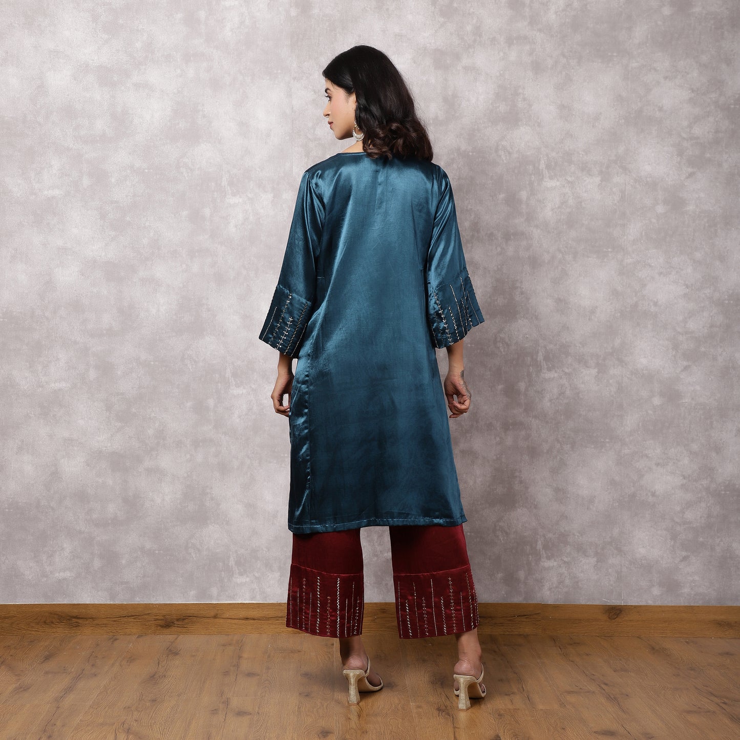 Teal Mashru Hand Embroidered Kurta Set