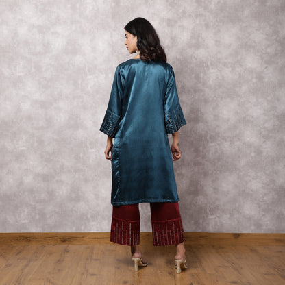 Teal Mashru Hand Embroidered Kurta Set