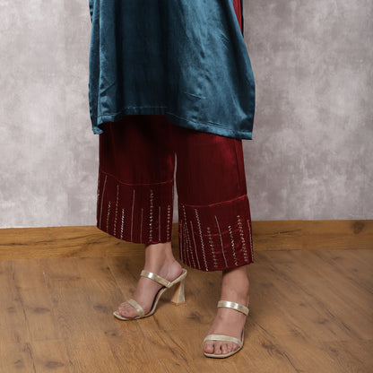 Teal Mashru Hand Embroidered Kurta Set with Dupatta