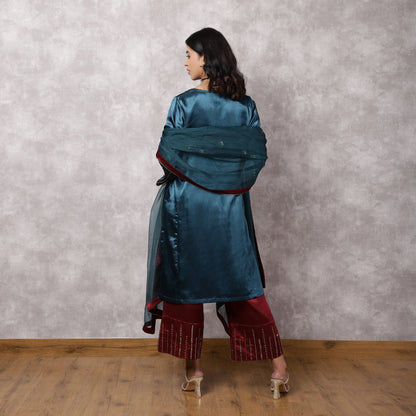 Teal Mashru Hand Embroidered Kurta Set with Dupatta