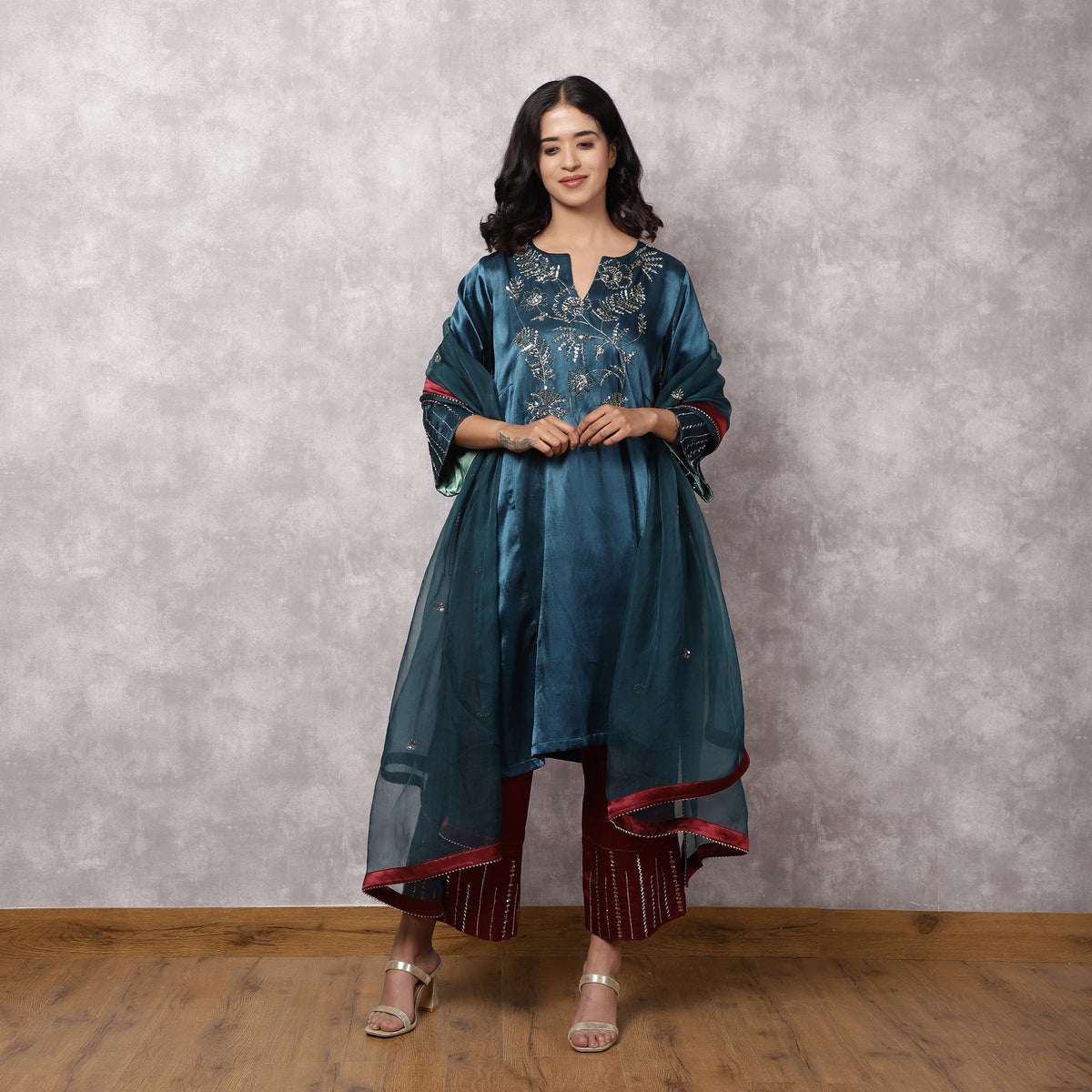 Teal Mashru Hand Embroidered Kurta Set with Dupatta