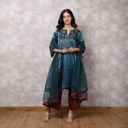 Teal Mashru Hand Embroidered Kurta Set with Dupatta