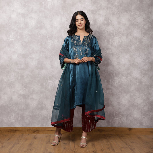 Teal Mashru Hand Embroidered Kurta Set with Dupatta