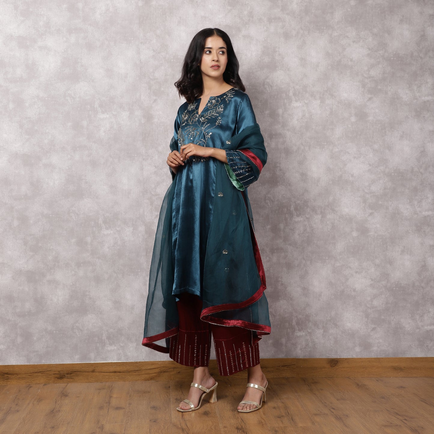 Teal Mashru Hand Embroidered Kurta Set with Dupatta