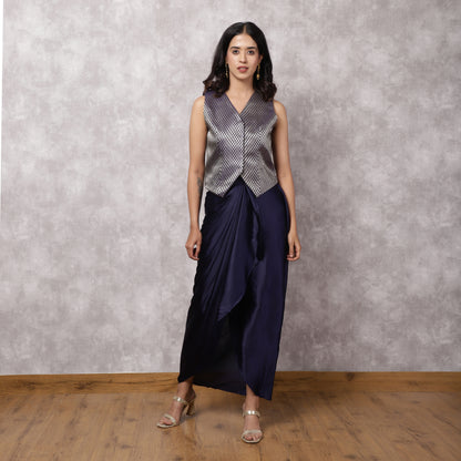 Navy Blue Brocade Top with Satin Skirt