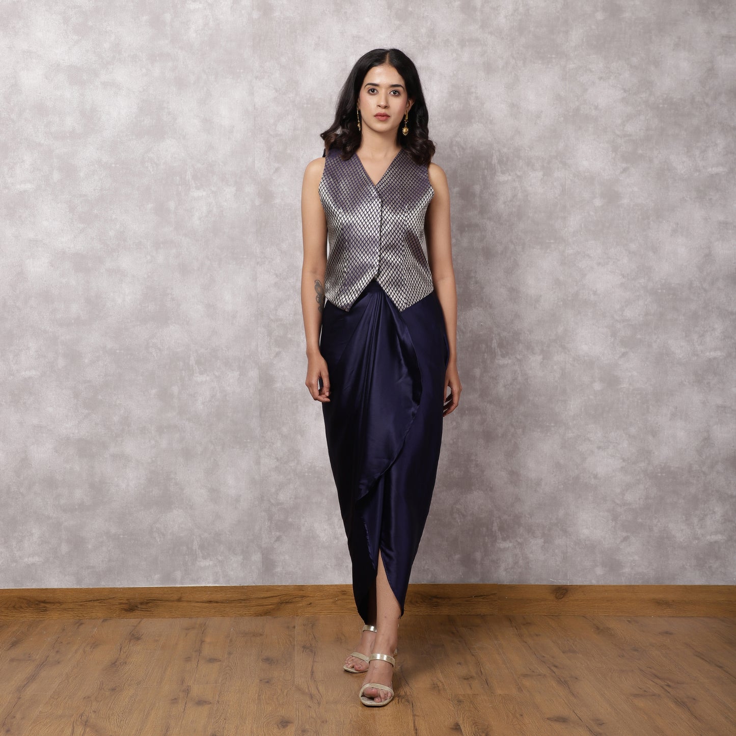 Navy Blue Brocade Top with Satin Skirt