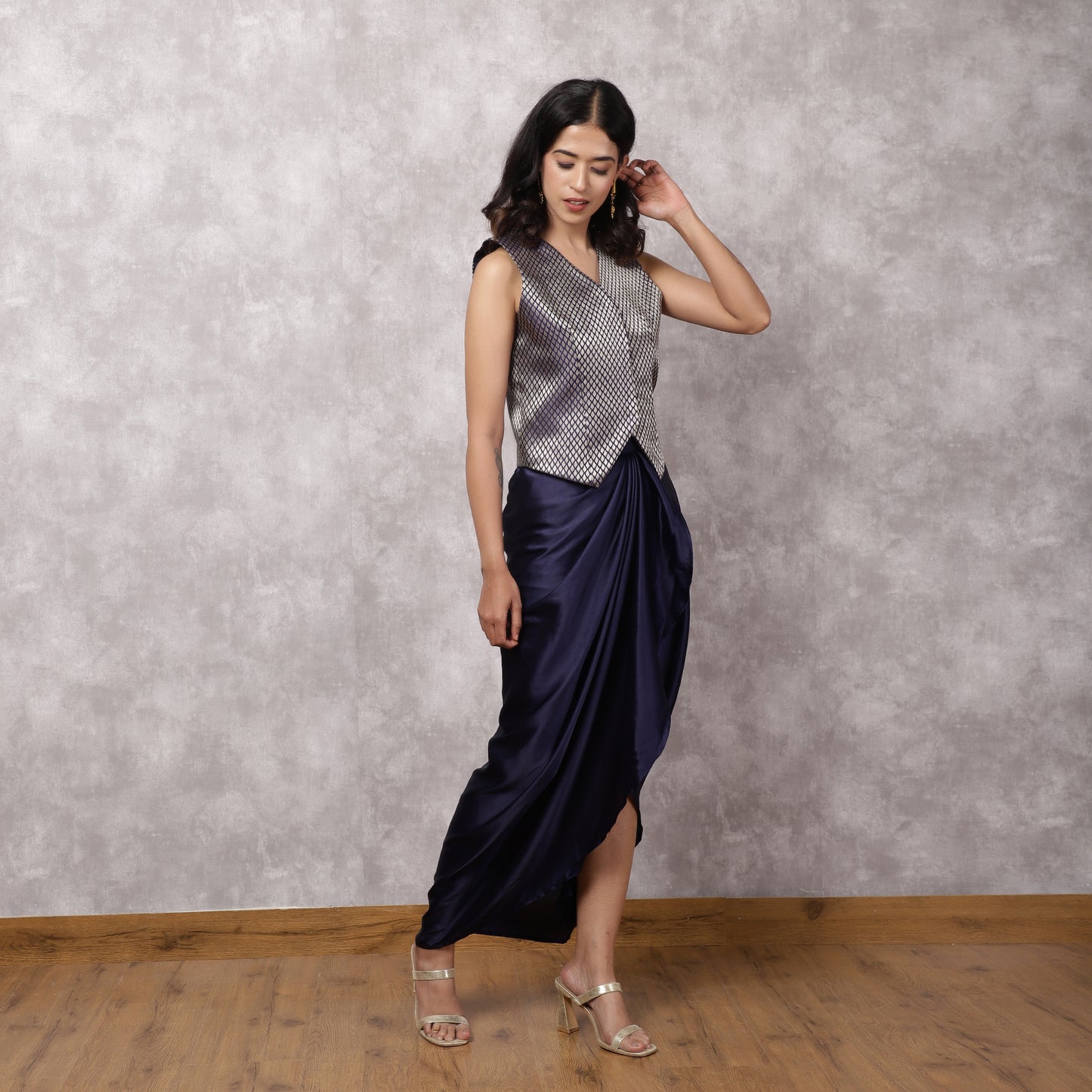 Navy Blue Brocade Top with Satin Skirt