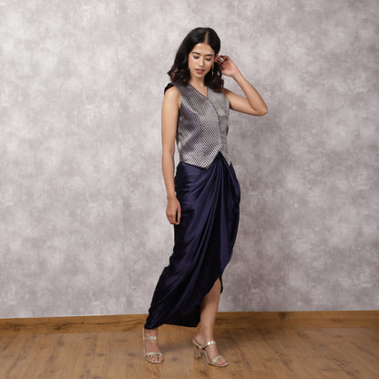 Navy Blue Brocade Top with Satin Skirt