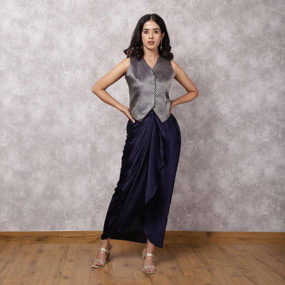Navy Blue Brocade Top with Satin Skirt