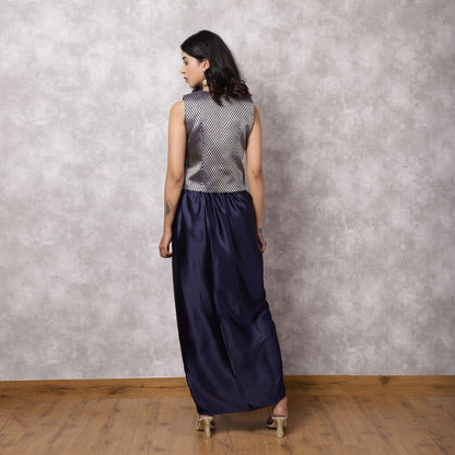 Navy Blue Brocade Top with Satin Skirt