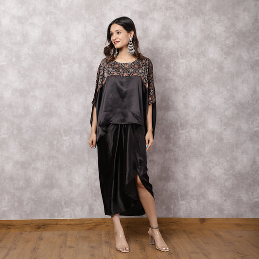 Black Satin Kaftan & Draped Skirt Set