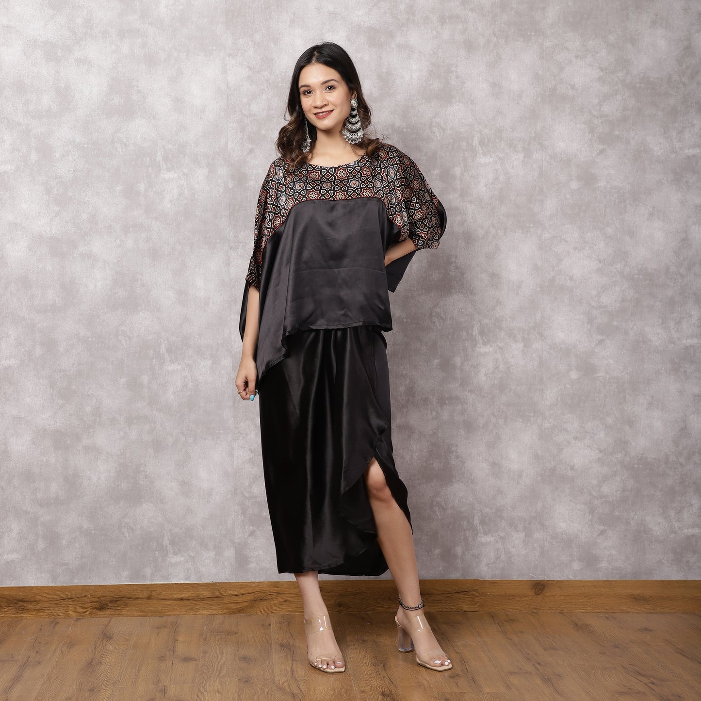 Black Satin Kaftan & Draped Skirt Set