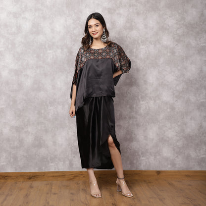 Black Satin Kaftan & Draped Skirt Set