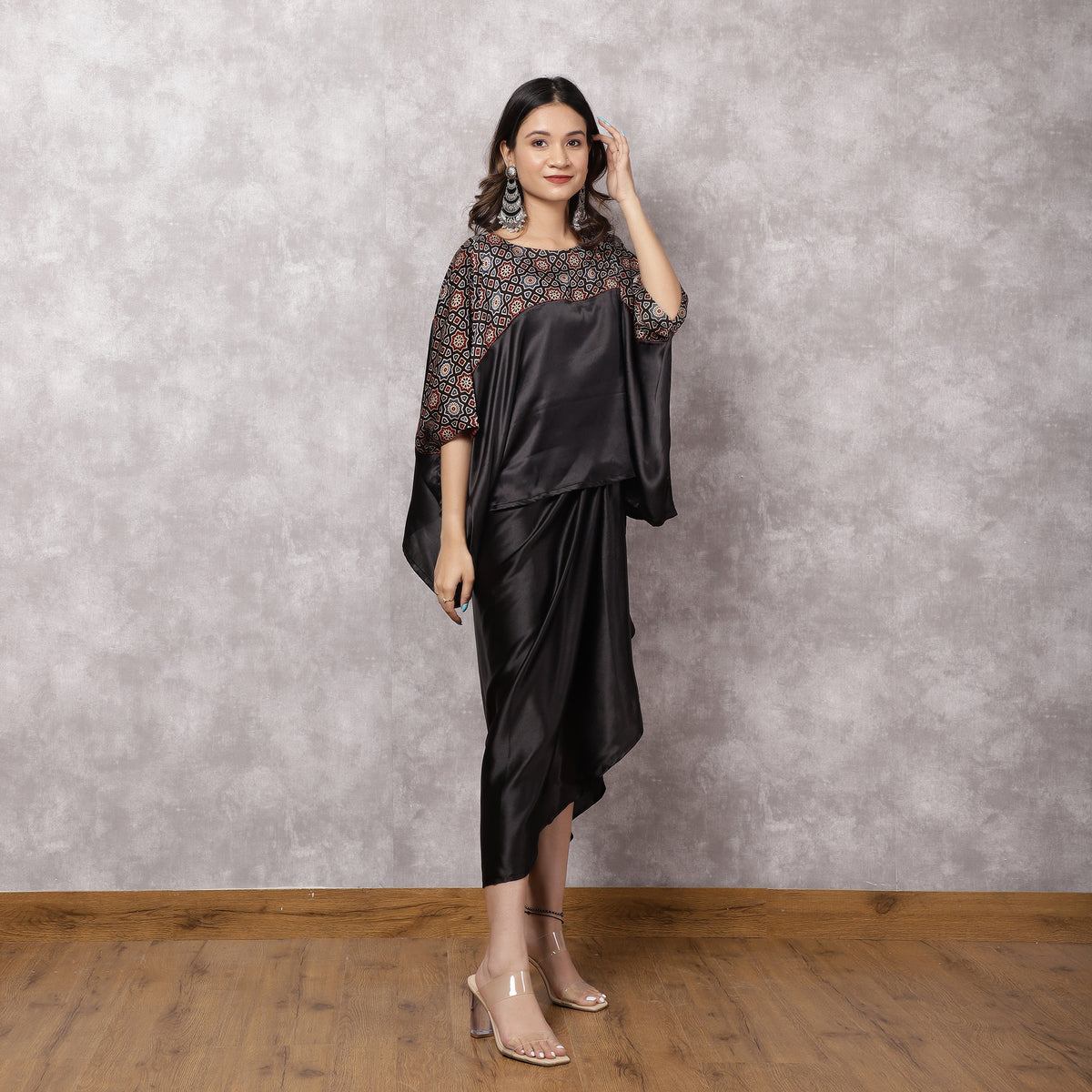 Black Satin Kaftan & Draped Skirt Set