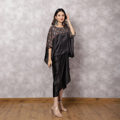 Black Satin Kaftan & Draped Skirt Set