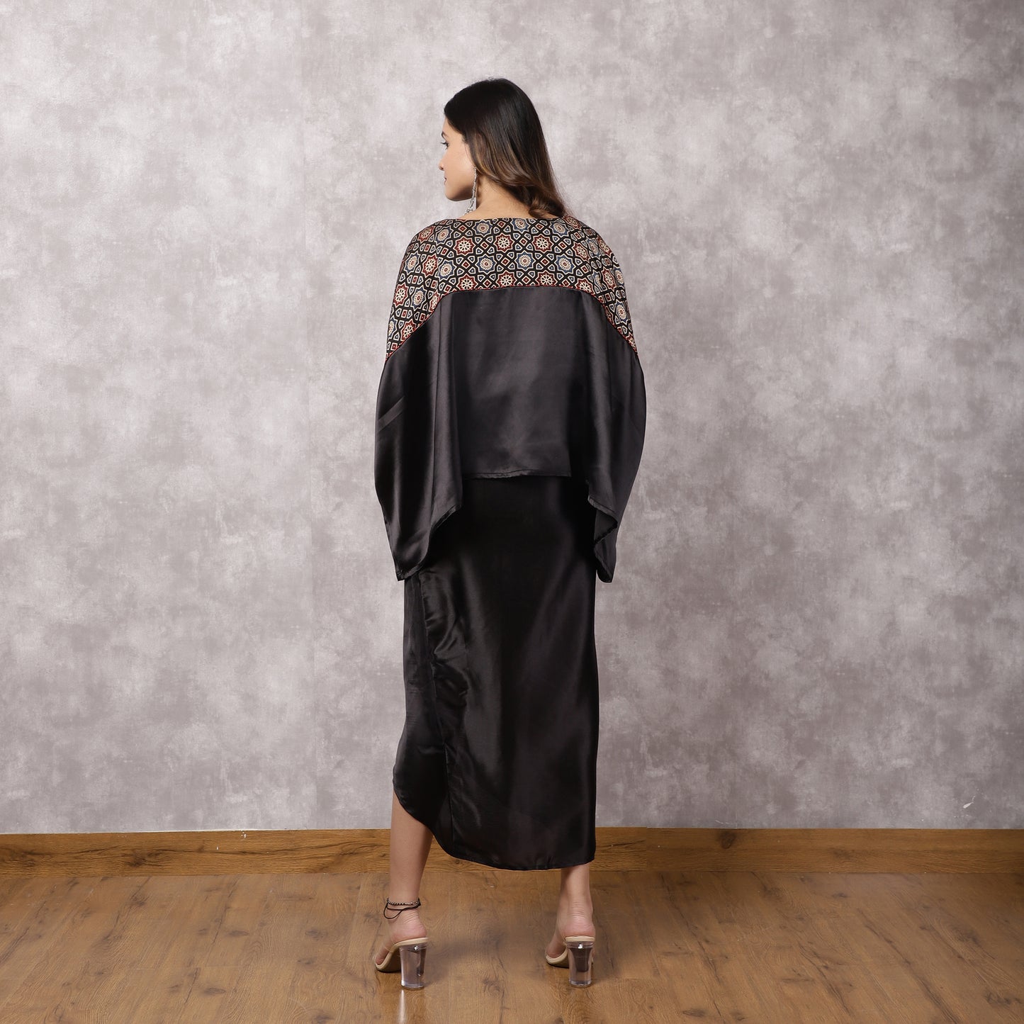Black Satin Kaftan & Draped Skirt Set