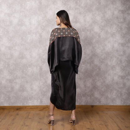 Black Satin Kaftan & Draped Skirt Set