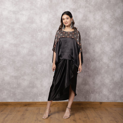 Black Satin Kaftan & Draped Skirt Set