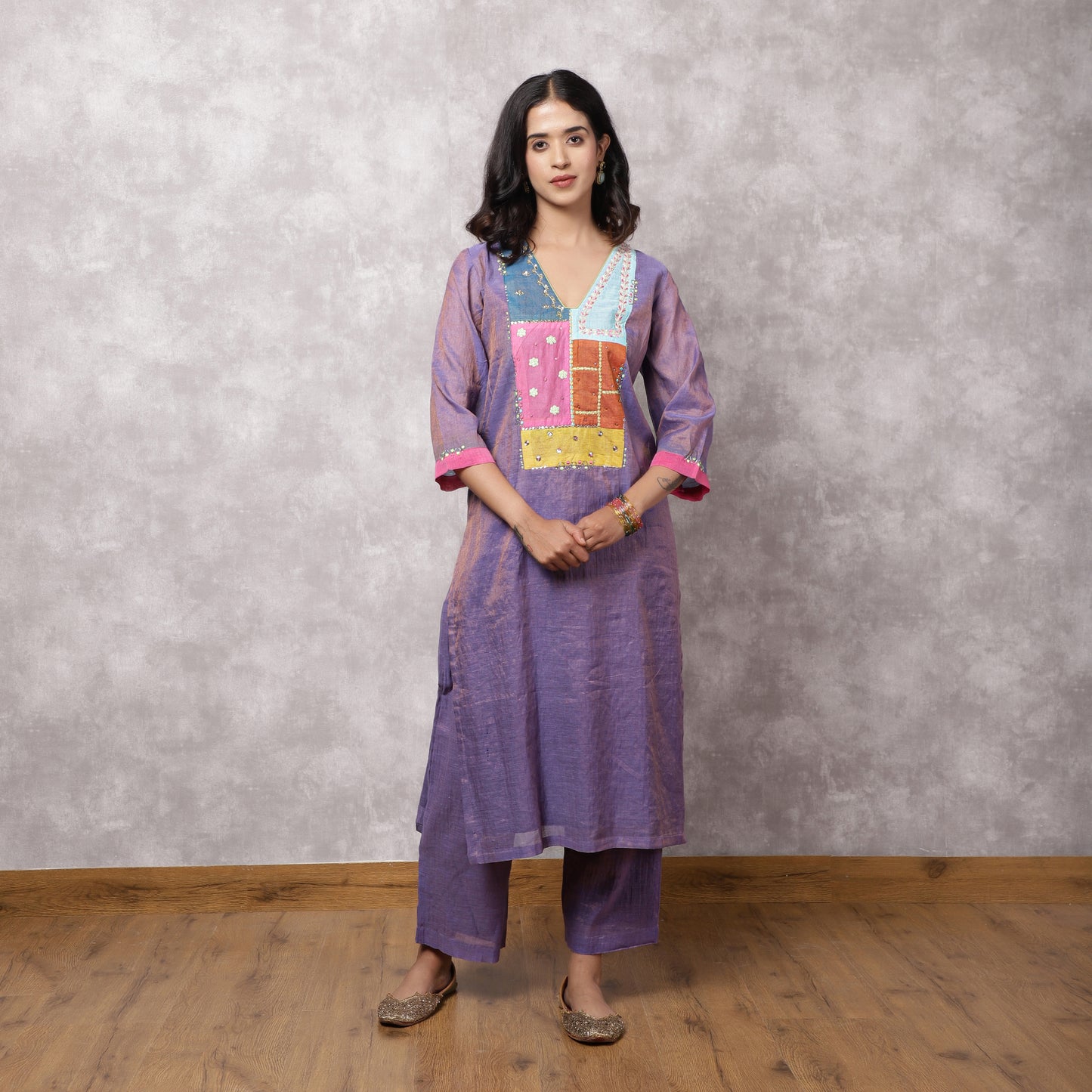Purple Tissue Chanderi Patchwork Yoke Suit Set