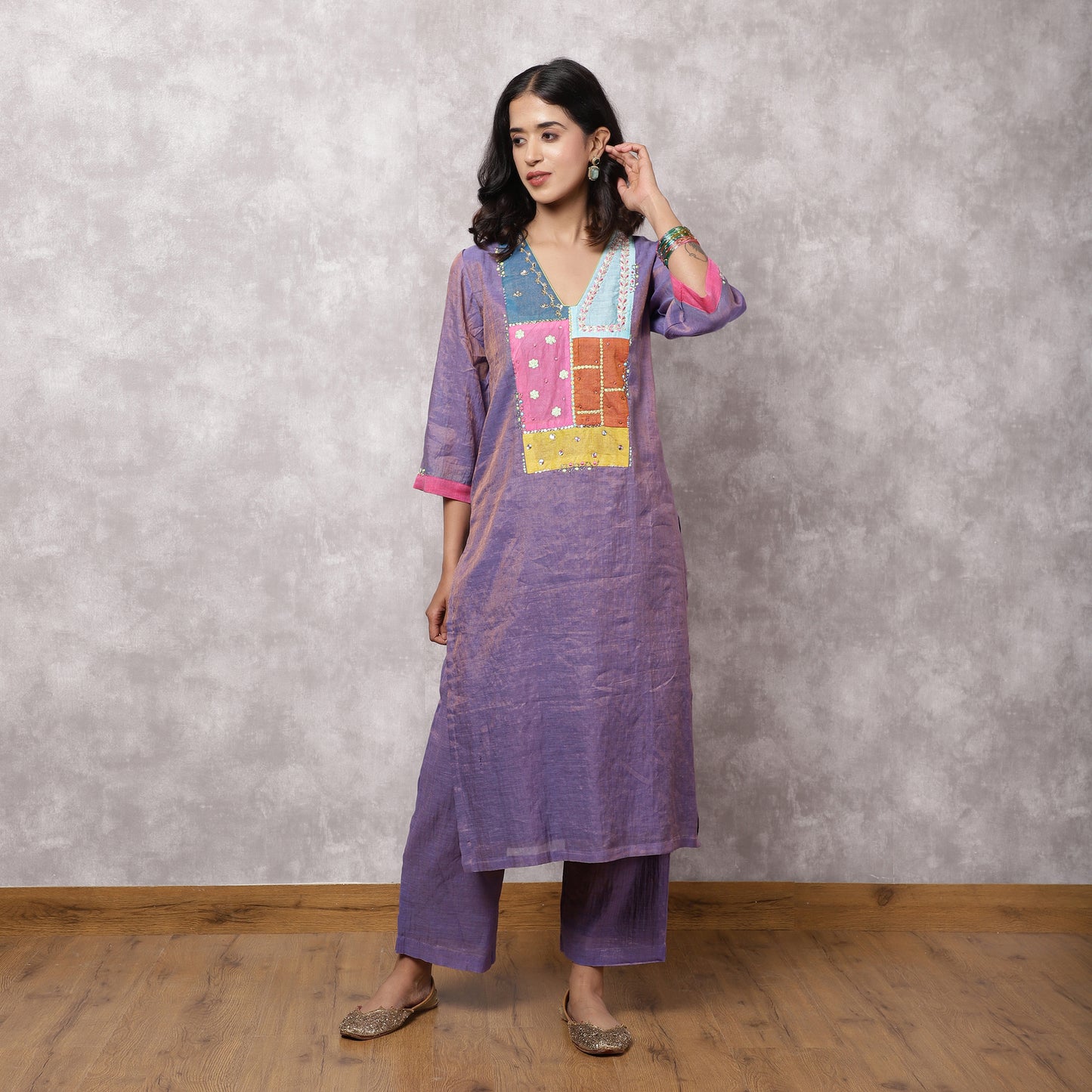 Purple Tissue Chanderi Patchwork Yoke Suit Set