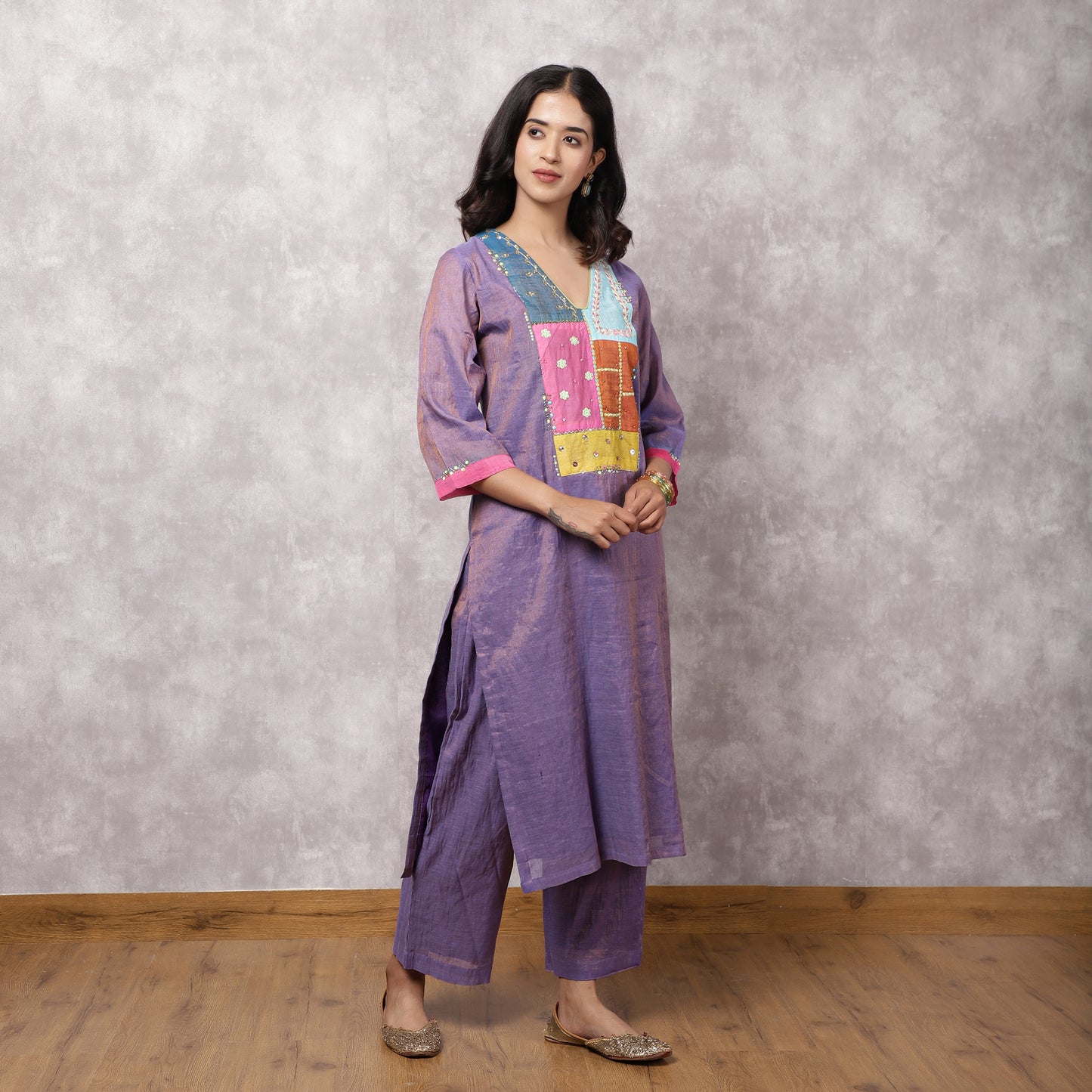 Purple Tissue Chanderi Patchwork Yoke Suit Set with Dupatta