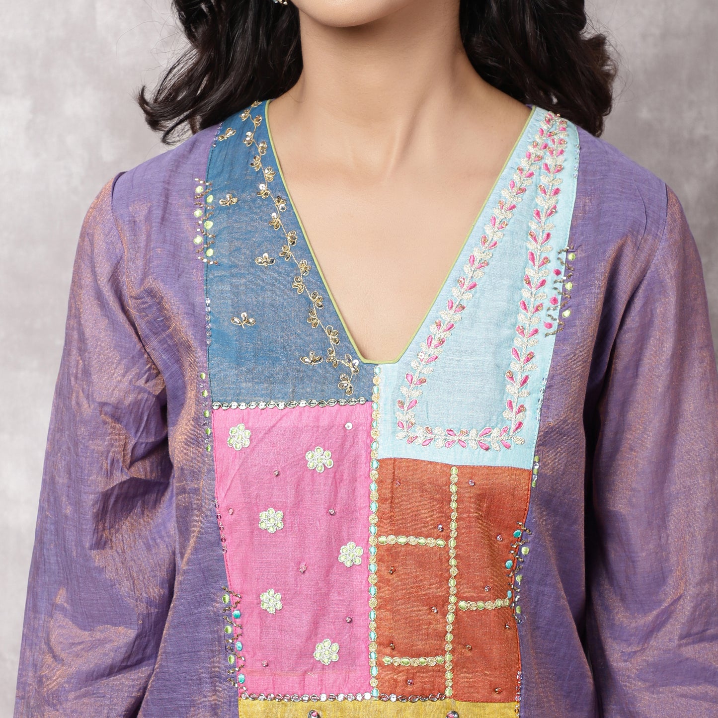 Purple Tissue Chanderi Patchwork Yoke Suit Set