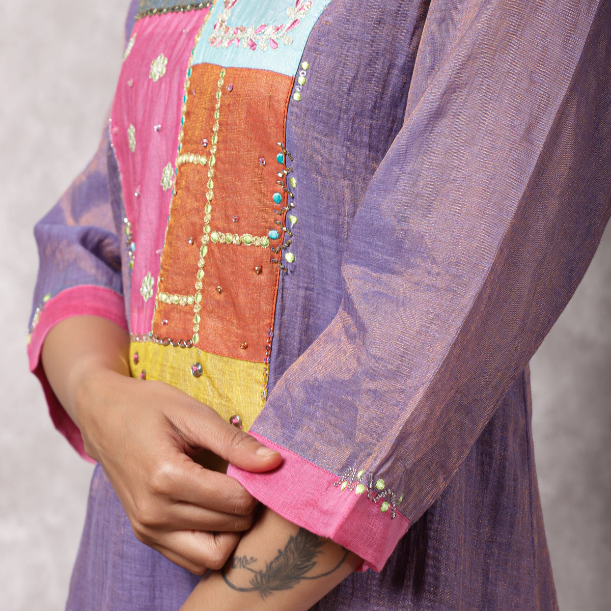 Purple Tissue Chanderi Patchwork Yoke Suit Set with Dupatta