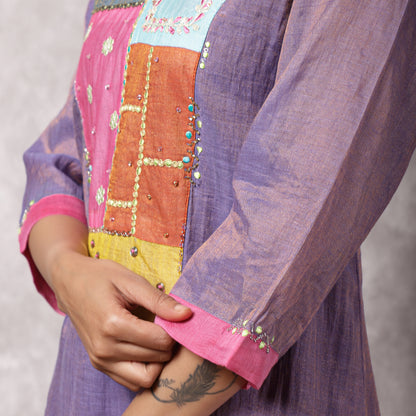 Purple Tissue Chanderi Patchwork Yoke Suit Set with Dupatta