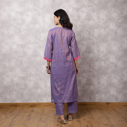 Purple Tissue Chanderi Patchwork Yoke Suit Set