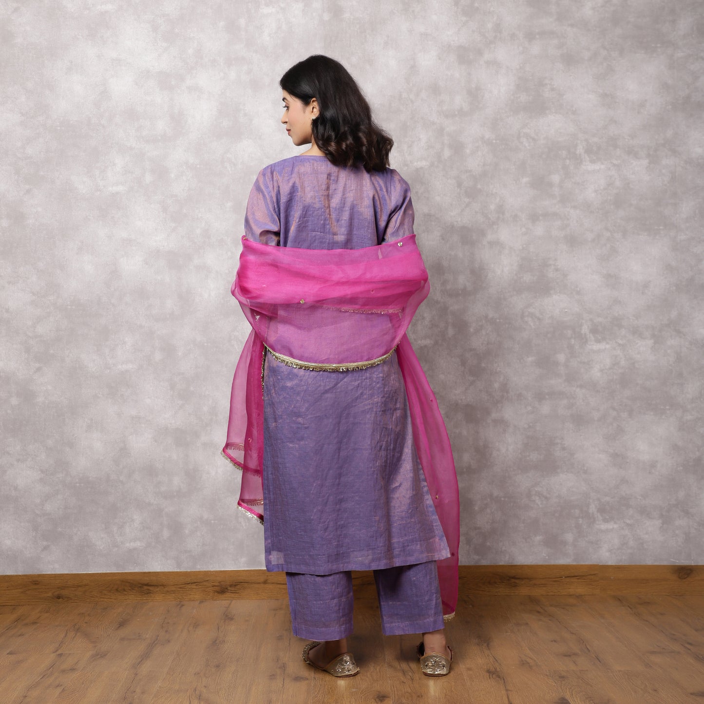 Purple Tissue Chanderi Patchwork Yoke Suit Set with Dupatta