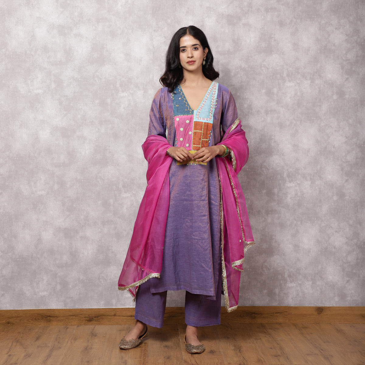 Purple Tissue Chanderi Patchwork Yoke Suit Set with Dupatta