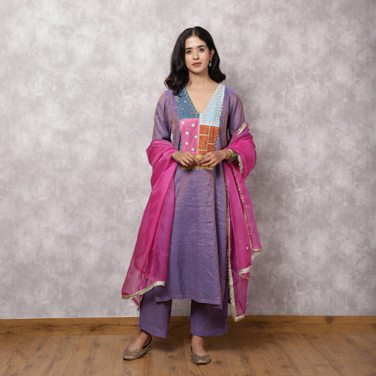 Purple Tissue Chanderi Patchwork Yoke Suit Set with Dupatta