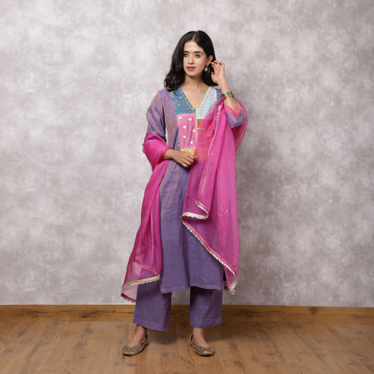 Purple Tissue Chanderi Patchwork Yoke Suit Set with Dupatta