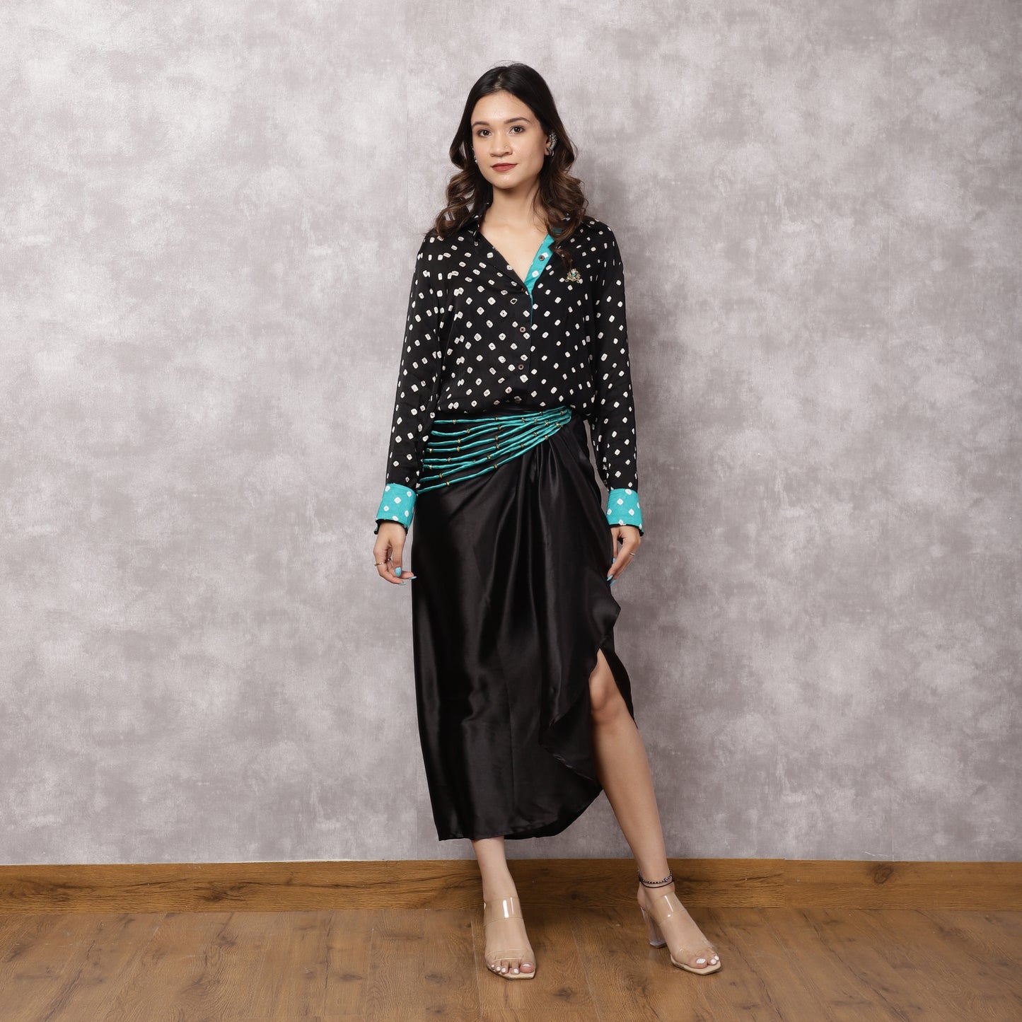 Black Bandhani Shirt & Draped Skirt Set