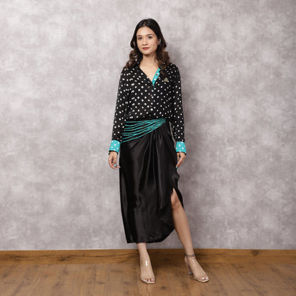 Black Bandhani Shirt & Draped Skirt Set