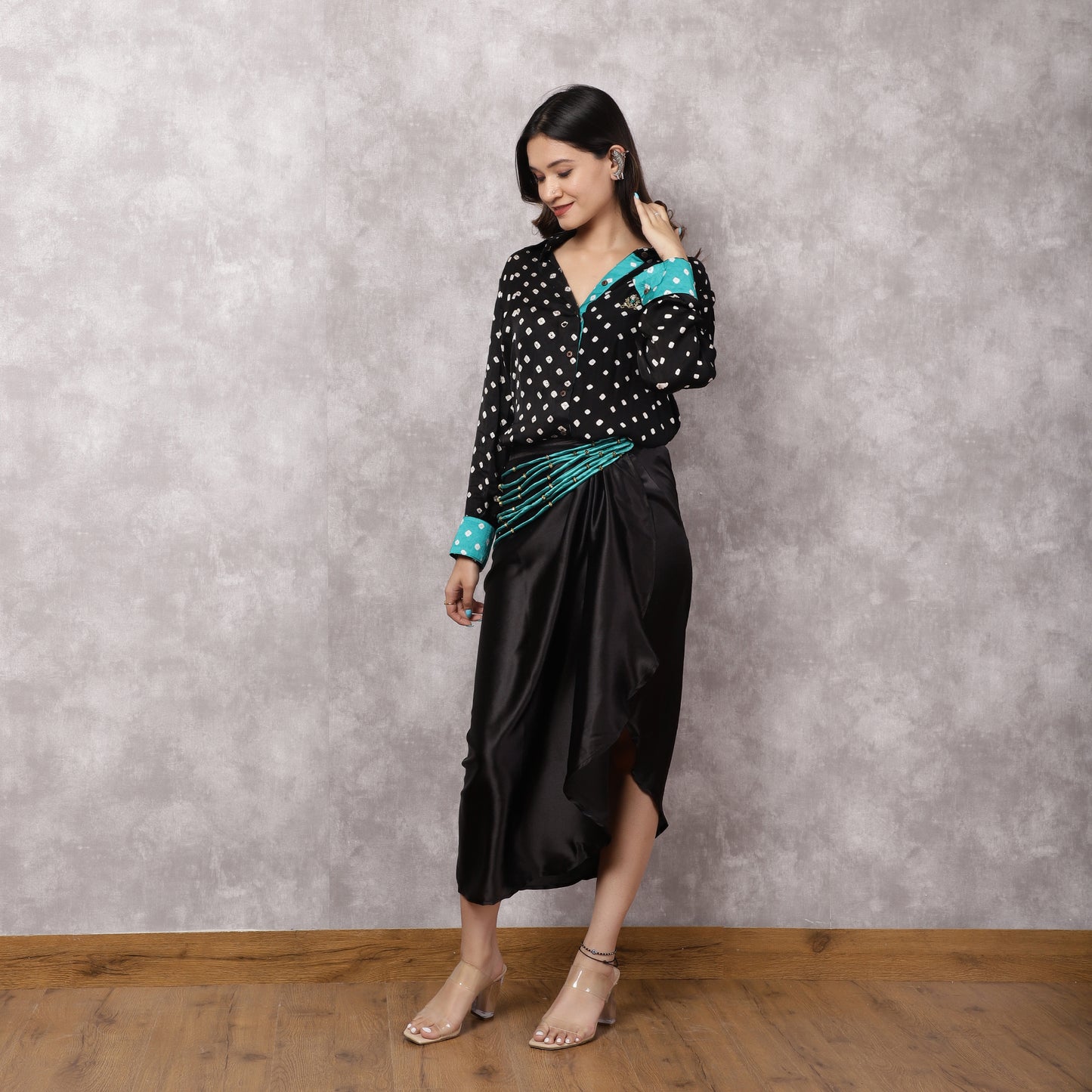 Black Bandhani Shirt & Draped Skirt Set