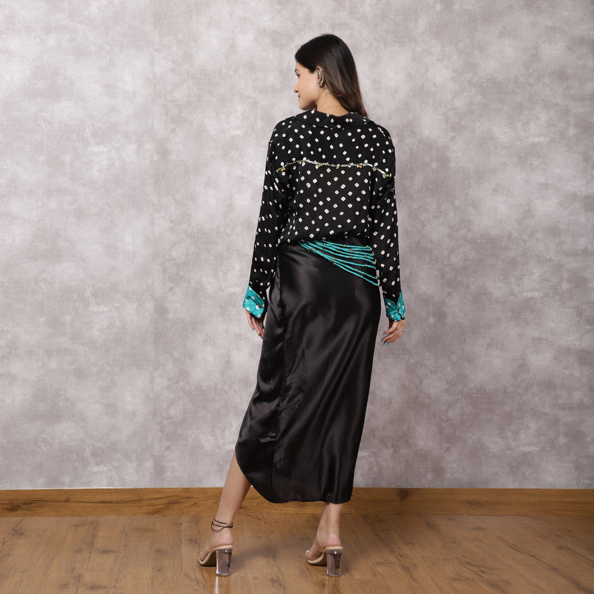 Black Bandhani Shirt & Draped Skirt Set