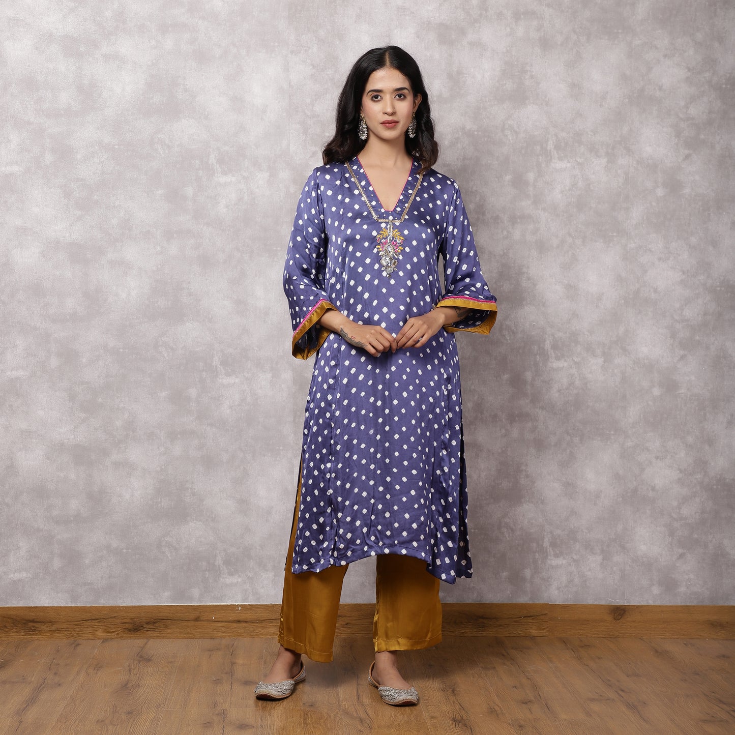 Grey Bandhani Hand Embroidered Suit Set