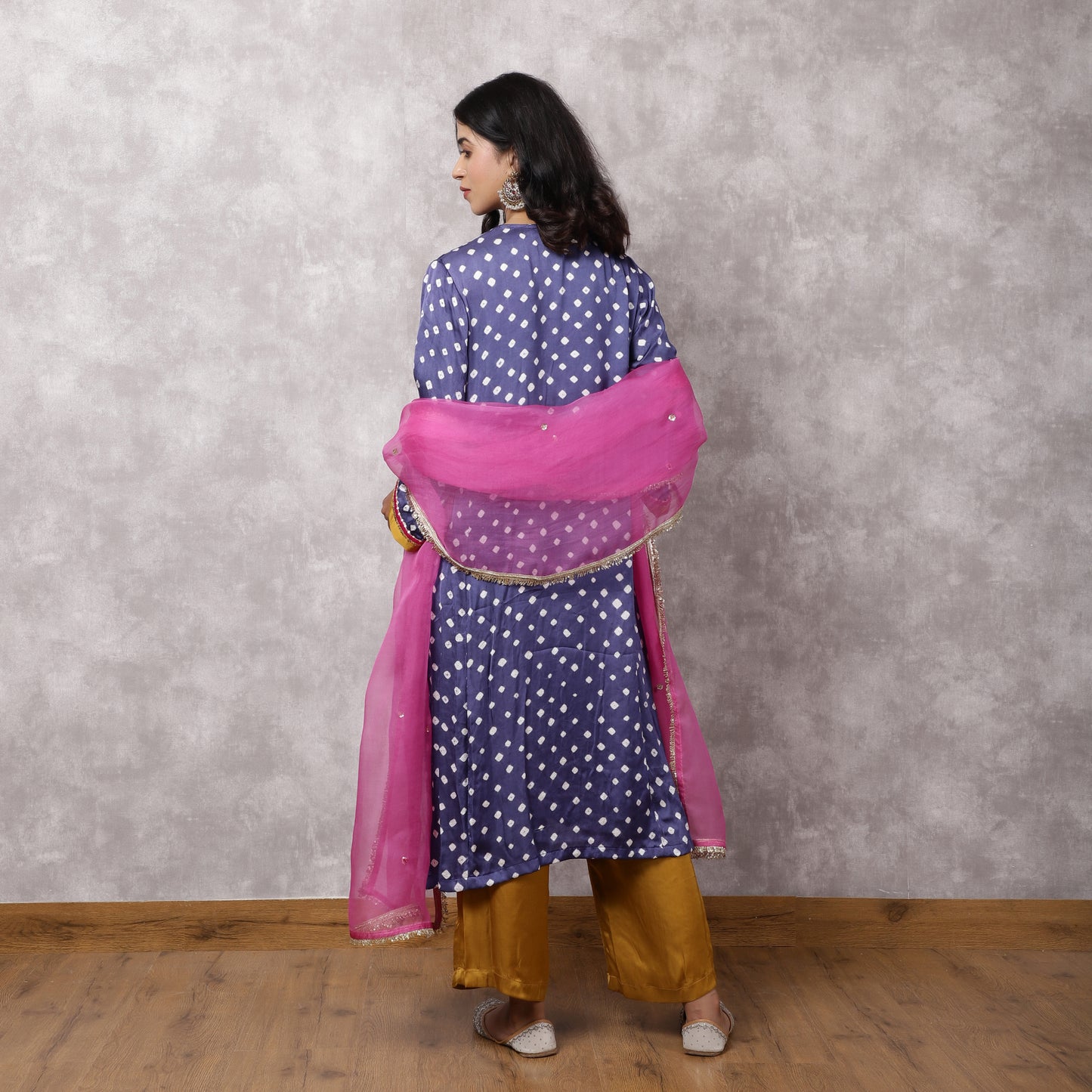Grey Bandhani Hand Embroidered Suit Set with Dupatta