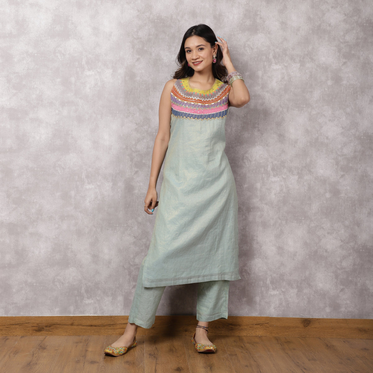 Aqua Tissue Chanderi Colorblock Yoke Suit Set
