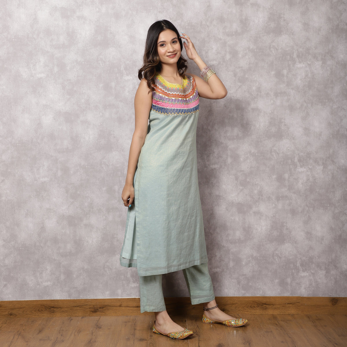 Aqua Tissue Chanderi Colorblock Yoke Suit Set with Dupatta