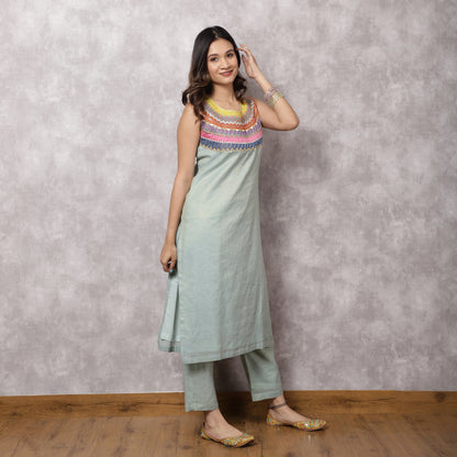 Aqua Tissue Chanderi Colorblock Yoke Suit Set