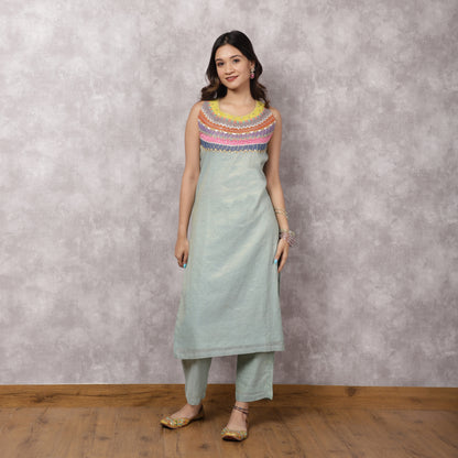 Aqua Tissue Chanderi Colorblock Yoke Suit Set with Dupatta